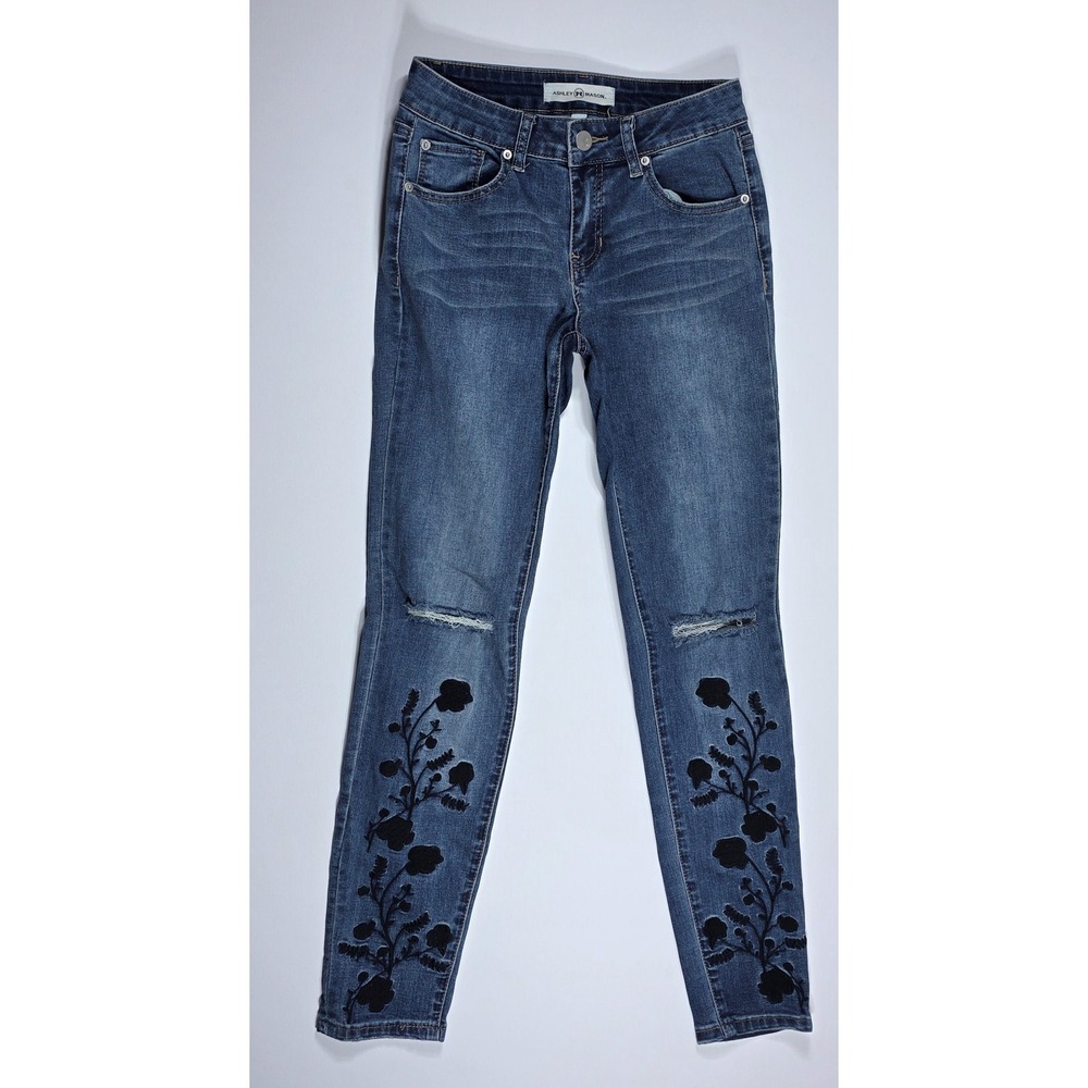Ashley Mason Women's Size 3 Floral Velvet Flocked Skinny Jeans Blue